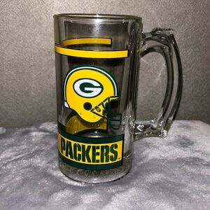Vintage Green Bay Packers Beer Mug Stein Glass W/ Thumbprint Handle 5.5”